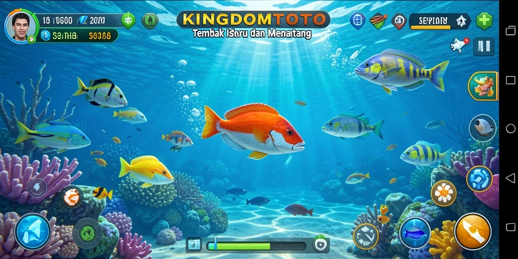 Screenshot gameplay KINGDOMTOTO, menampilkan aksi menangkap ikan yang seru.