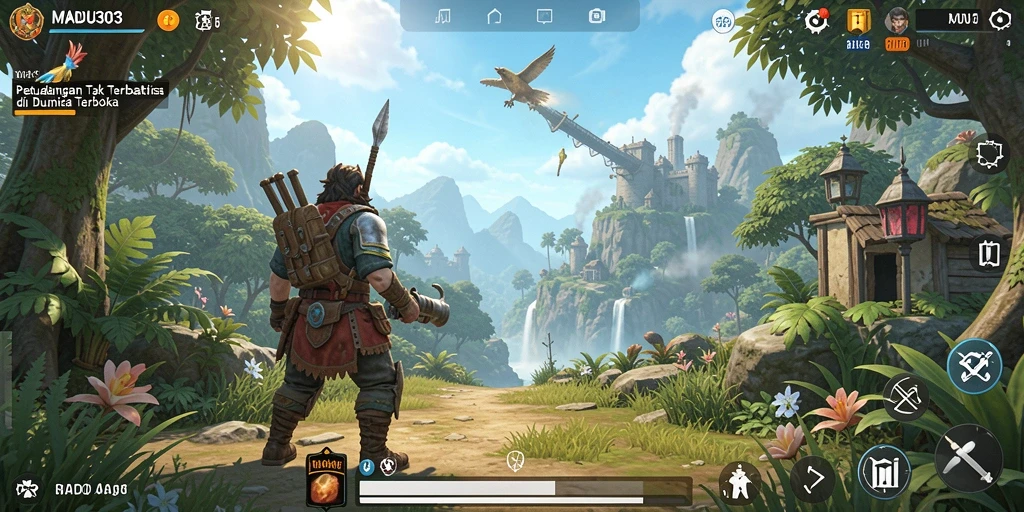 Screenshot MADU303 yang menampilkan eksplorasi dunia terbuka yang megah.