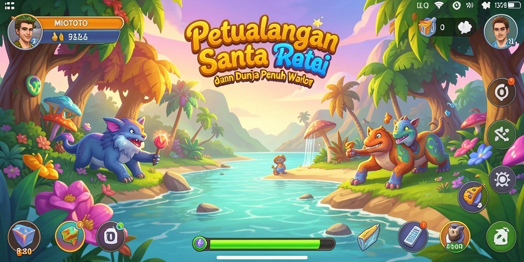 Screenshot gameplay MIOTOTO yang menunjukkan petualangan seru dan penuh warna.