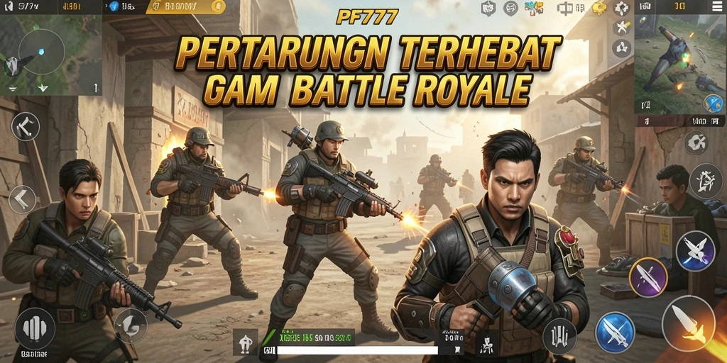 Tangkapan layar utama PF777 menunjukkan aksi intens dalam medan perang Battle Royale.